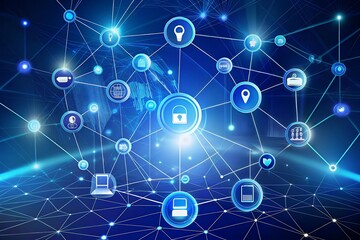A vibrant network of interconnected global data, symbolizing a secure and innovative digital future in a brilliant blue and glowing light design.