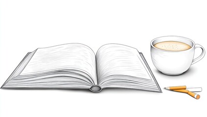 Naklejka premium Open book, coffee cup, and pencils. A still life illustration of an open book, a cup of coffee, and pencils on a white background