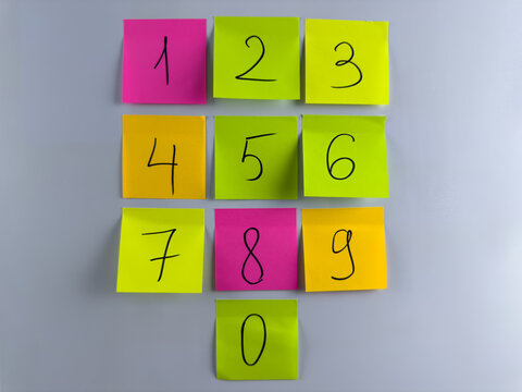 Easy to remember numbers for small child with help of sticky notes. Simple way to remind child about numbers with colored cards. Memory training and teaching mathematics from early age