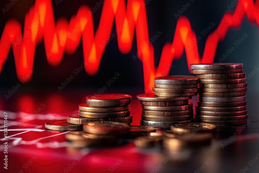 Poster stacks of coins against a background of a red declining stock market graph showing financial losses 