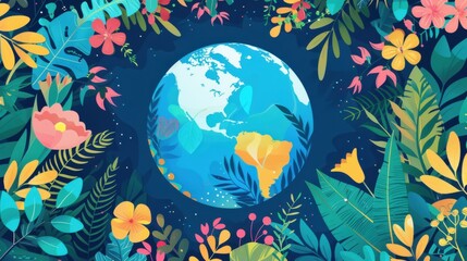 Earth day World Environment Day A vibrant Earth illustration encircled by plants, trees, and flowers to represent biodiversity.