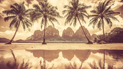 Serene Tropical Beach with Palm Trees and Rocky Mountains in Background