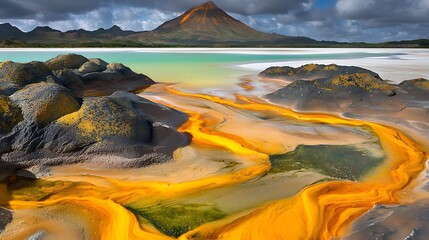 Colorful Landscape with River and Mountain Under Cloudy Sky