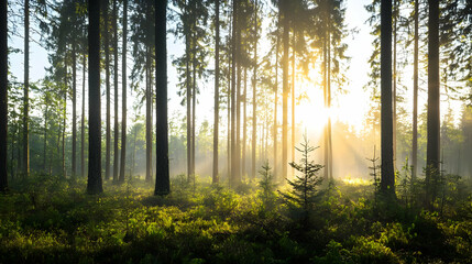 Obraz premium Sunrise In Coniferous Forest