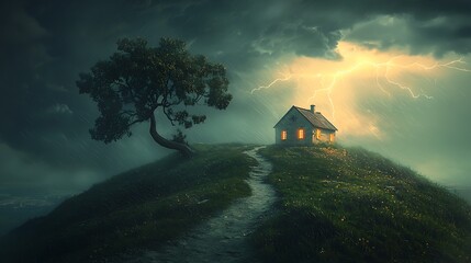 Small house on hill during thunderstorm