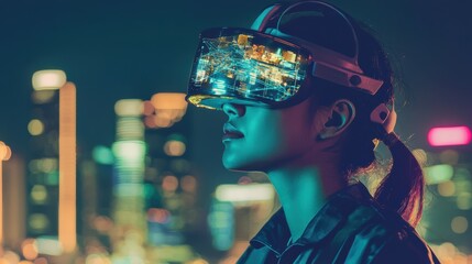 Exploring virtual reality innovations urban cityscape digital art nighttime futuristic perspective