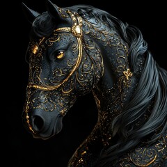 Majestic Black Stallion Adorned in Gold Filigree A Digital Painting