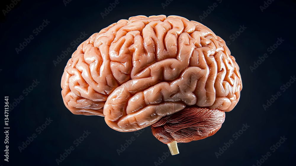 Poster detailed brain anatomy rendered on dark background with realistic texture highlighting cerebral stru