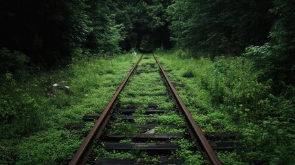 Fototapeta premium Dense vegetation envelops old railway tracks showcasing natures slow takeover