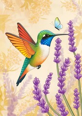 Obraz premium Iridescent Hummingbird and Butterfly Amidst Lavender Blooms