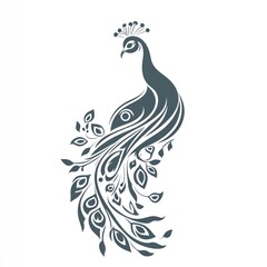 Fototapeta premium Elegant peacock silhouette design. A stylized, dark gray peacock stands tall, featuring intricate, leaf-like patterns throughout the plumage and tail
