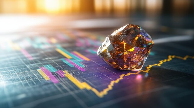A photorealistic rende of an amber diamond on a financial chart illustrating wealth, value, and the concept of hidden potential in investments