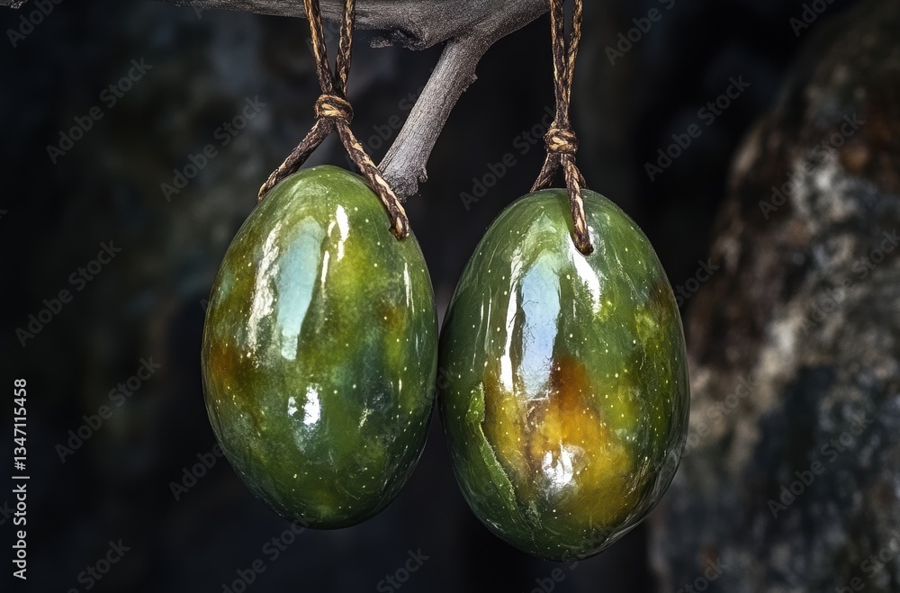 Poster two smooth green stones hanging from a branch in natural setting with soft lighting capturing unique