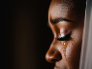 bride with tear rolling down her cheek, showcasing moment of deep emotion and beauty. soft lighting highlights her features