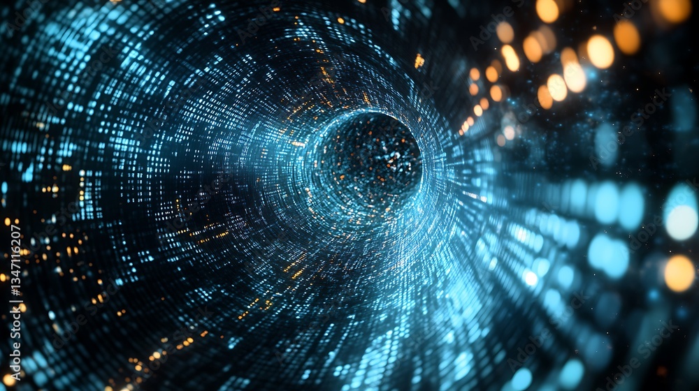 Poster an abstract background featuring a vortex of alphanumeric code and holographic data particles