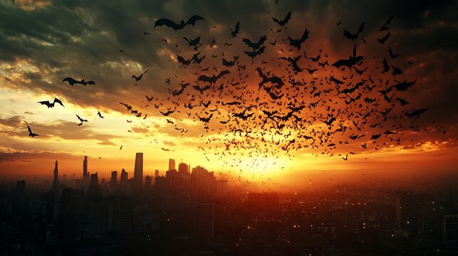 Bats swarm sunset cityscape, Halloween backdrop