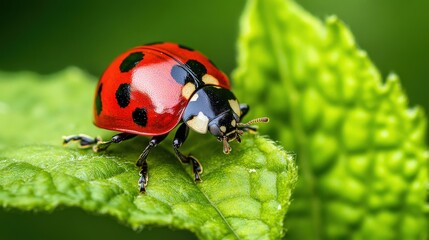 Fototapeta premium A vibrant ladybug insect sits on a lush green leaf