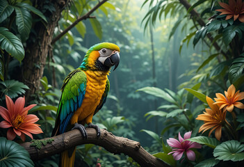 Obraz premium Vibrant Macaw in a Lush Tropical Rainforest