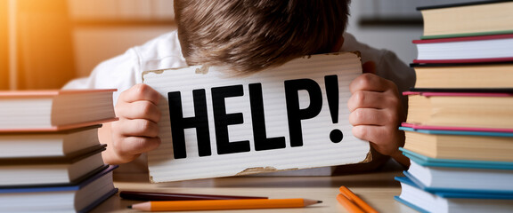 Child hides face behind sign reading HELP, surrounded by stacks of books and pencils, depicting stress and need for assistance with studies