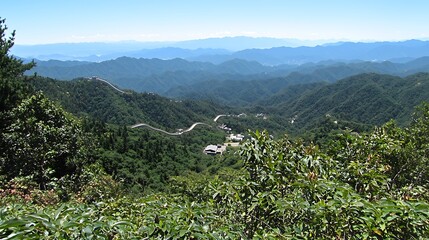 Scenic Mountain Landscape with Clear Blue Sky and Rolling Hills