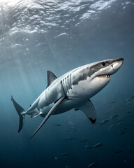 Fototapeta premium Majestic great white shark swimming alone in ocean depths.