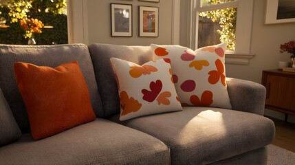 Cozy Living Room Interior Featuring Patterned Couch with Colorful Decorative Pillows
