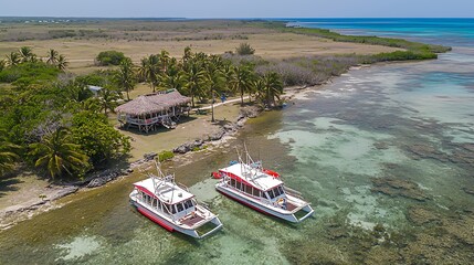 Aerial View of Boats Near Tropical Shoreline and Palm Trees