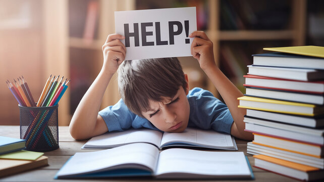 Boy rests head on open book, holding "HELP!" sign, surrounded by pencils and stacked books, depicting stress and need for academic assistance