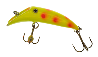 A bright yellow fishing lure with two treble hooks and black eye on a transparent background
