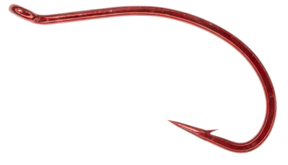 A single red metal curved fishing hook on a transparent background

