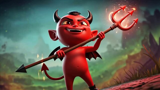 Cartoon Devil Smiling Holding Glowing Trident in a Fantasy Forest