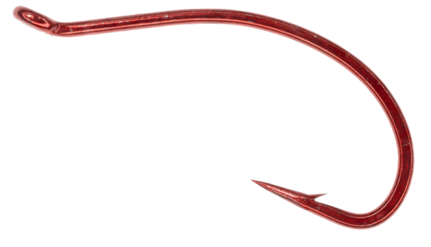 A single red metal curved fishing hook on a transparent background
