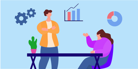 vector illustration of business people analyst graph working in office.
