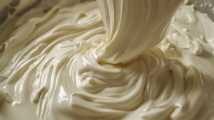 Swirling Creamy Delight: A close-up of creamy, white mixture being poured or mixed, creating a rich and inviting texture that evokes a sense of indulgence.