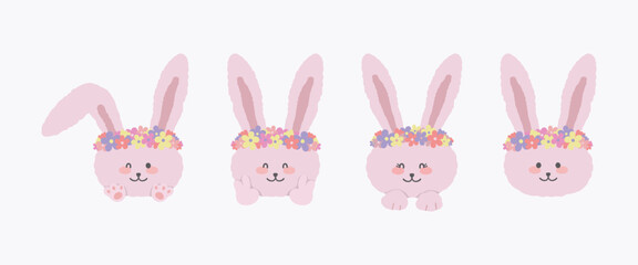 Kawaii Happy Cutie Bunny Face Head Different Emoji Emotion Sticker Set Vector Flat illustration