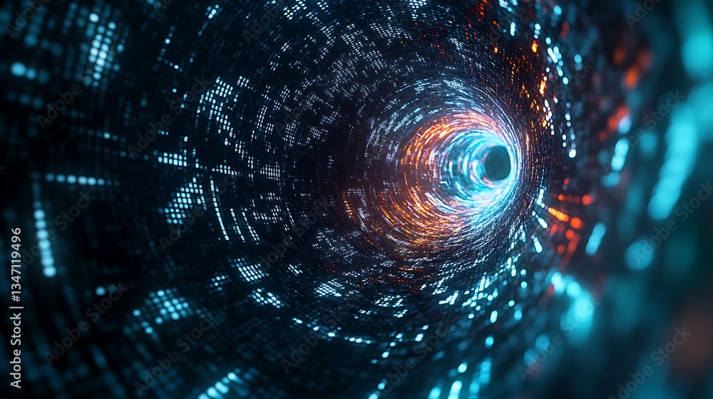 Poster an abstract background featuring a vortex of alphanumeric code and holographic data particles