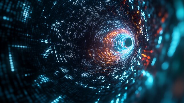 An abstract background featuring a vortex of alphanumeric code and holographic data particles