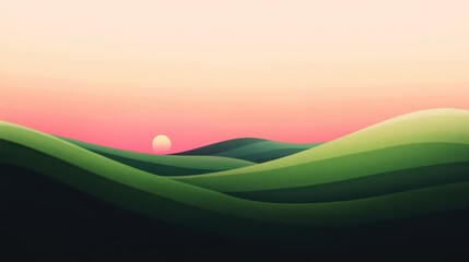 Obraz premium Rolling Green Hills at Sunset with Minimal Landscape.