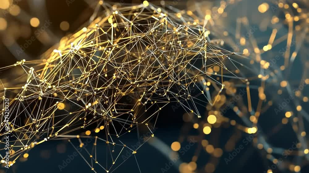 Poster exploring abstract digital connections in a mesmerizing network of glowing particles