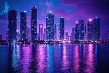 Obraz premium Vibrant cityscape at twilight reflected in calm water.