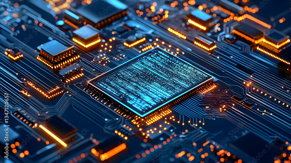 Aufkleber close up of glowing circuit board with microchip