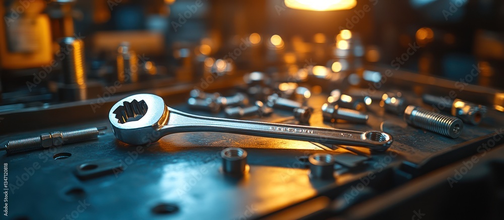 Poster close-up of wrench and assorted hardware on a workbench.
