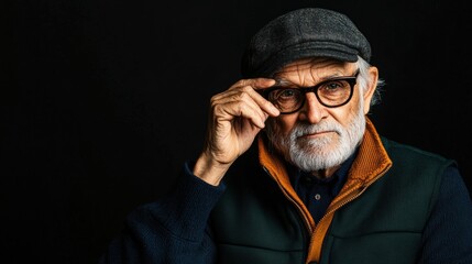 Portrait of an Elderly Man with Gray Beard in Newsboy Cap and Glasses, Thoughtful Expression, Hyper-Realistic Detail Against Black Background