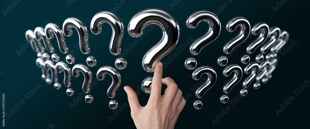 Poster hand interacting with chrome question marks, floating in dark space, symbolizing inquiry, problem-so
