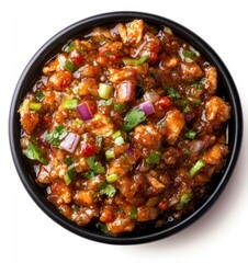 Chicken Stir Fry in Bowl with Fresh Herbs and Vegetables Closeup