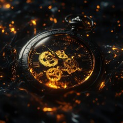 Glowing Pocket Watch Mechanism in Dark Liquid