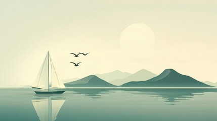 Sailboat at Sunrise with Serene Ocean Landscape.