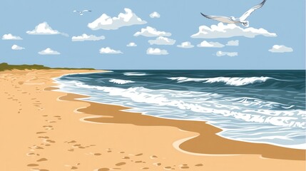 Sandy beach with ocean waves, seagulls, and summer.