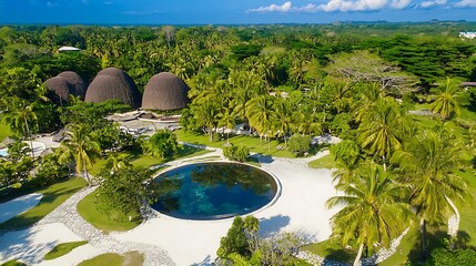 Peaceful Tropical Resort Surrounded by Lush Palm Trees and Blue Sky