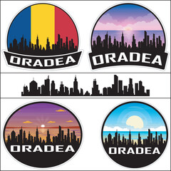 Fototapeta premium Oradea Romania Flag Skyline Cityscape Silhouette Travel Souvenir Sticker Isolated Vector